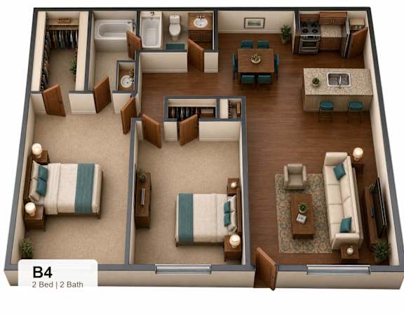 A 3D floor plan of a B4 apartment with two bedrooms and two bathrooms.