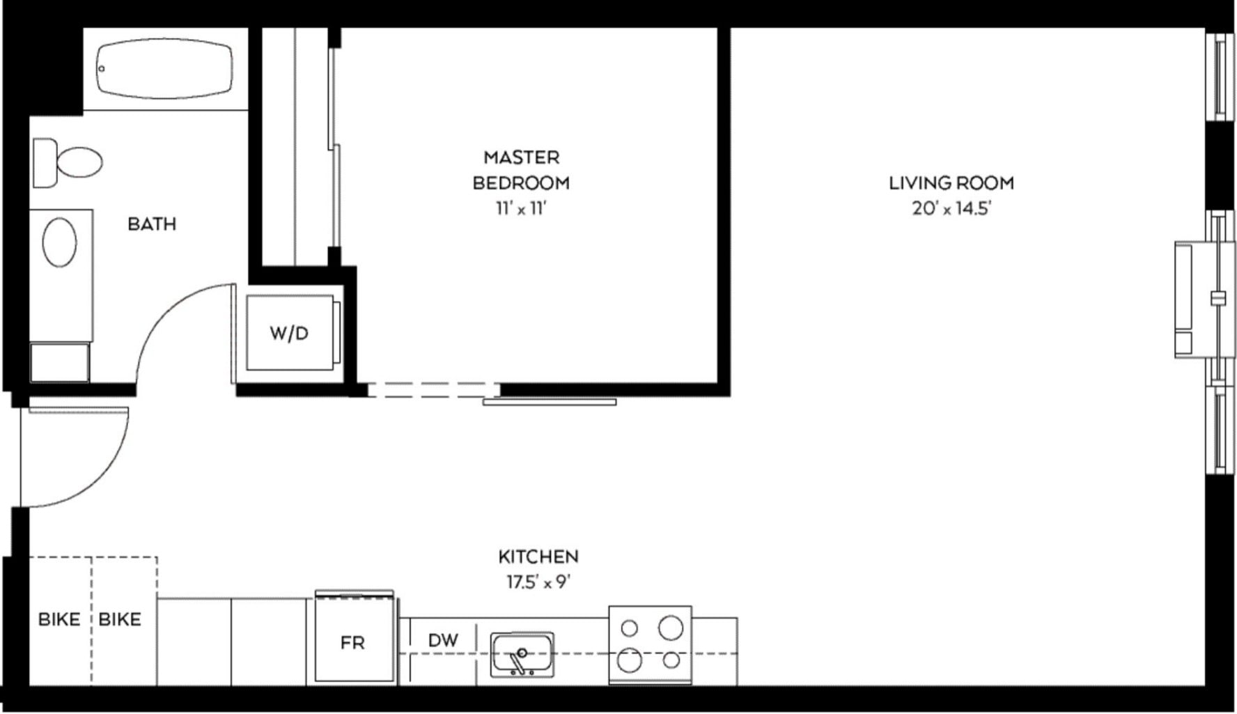 A floor plan of a small apartment with a master bedroom, living room, kitchen, and bathroom.