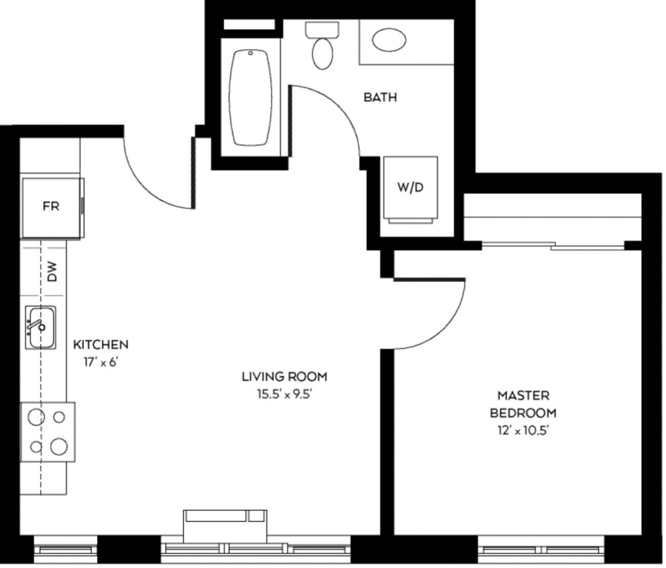 A floor plan of a home with a kitchen, living room, and two bedrooms.