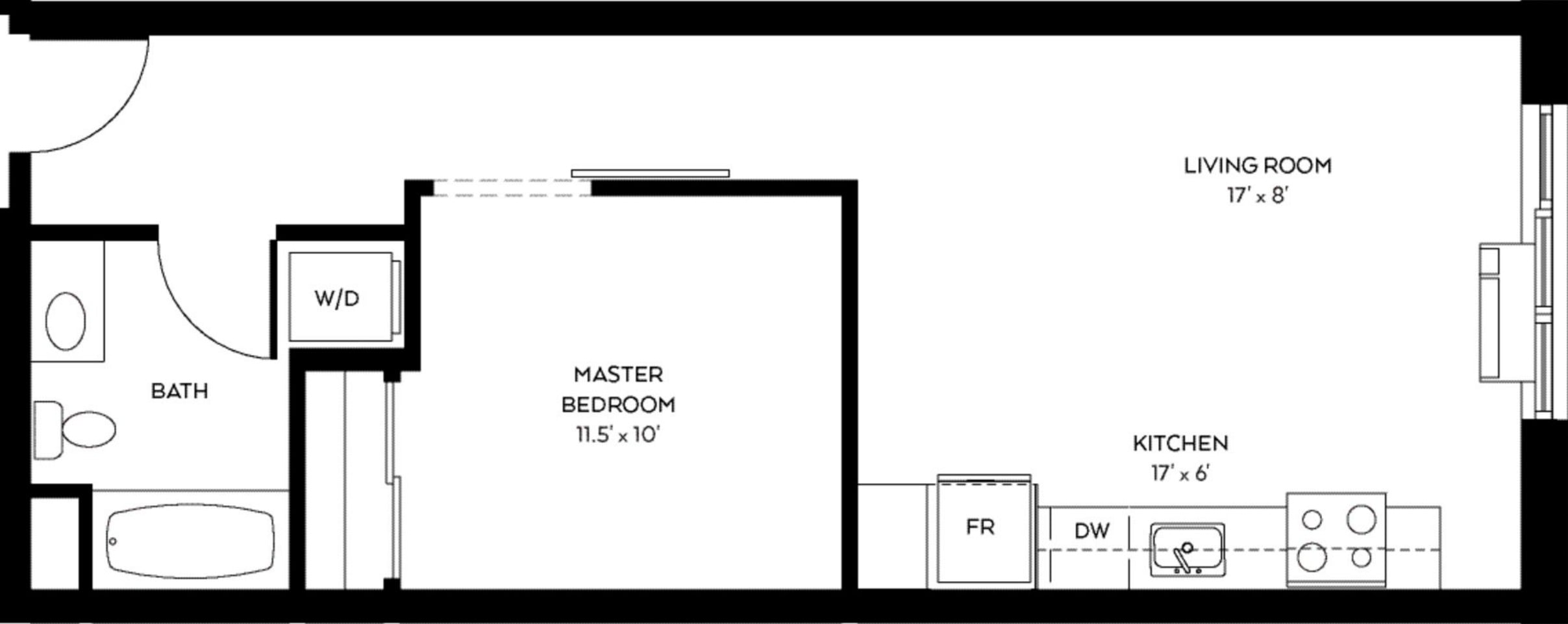 A floor plan of a home with a living room, kitchen, master bedroom, and bathroom.
