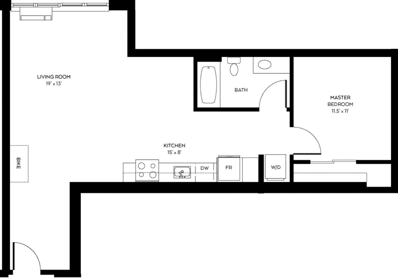 A black and white image of a floor plan for a small apartment.