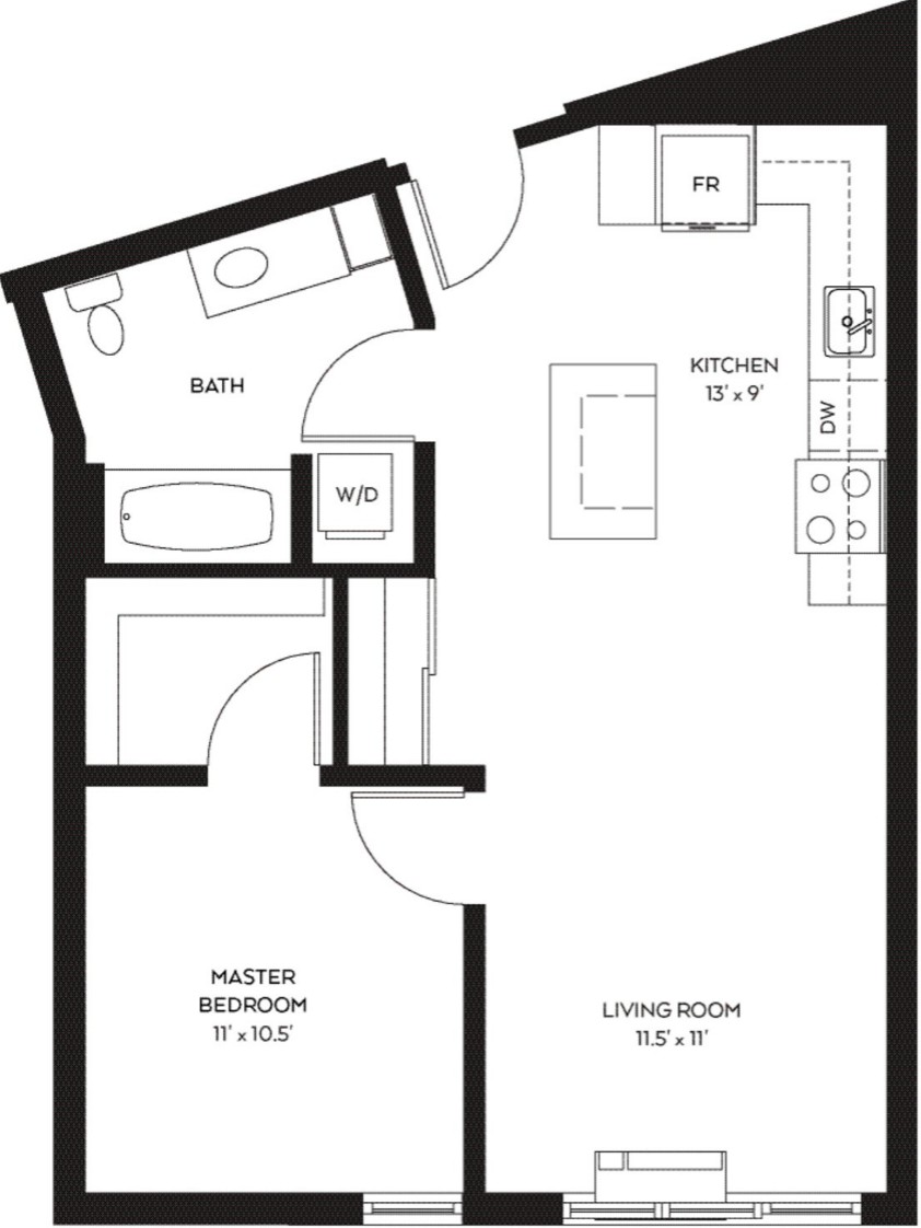 A black and white image of a floor plan for a small apartment.