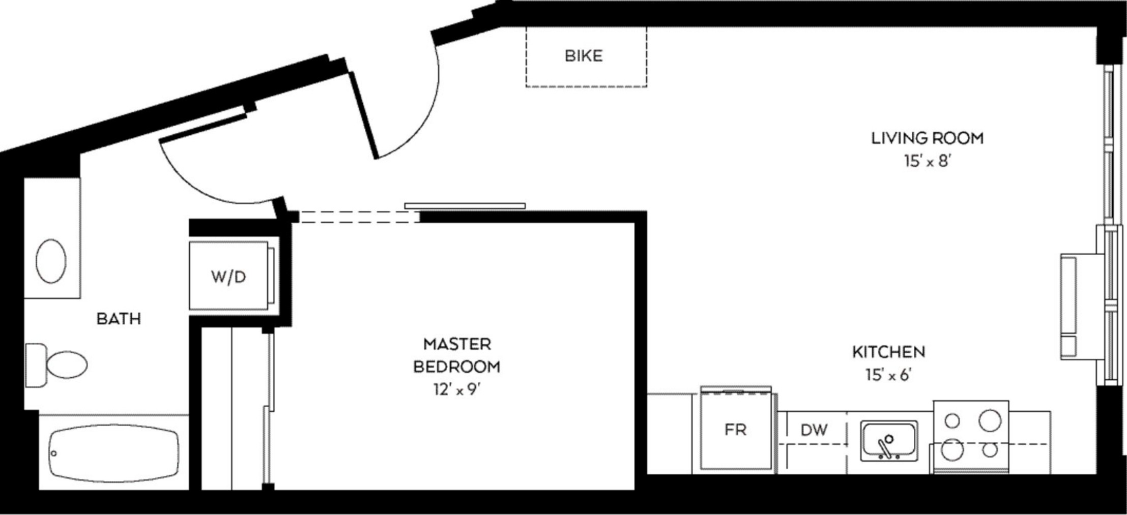 A floor plan of a small apartment with a living room, kitchen, and master bedroom.