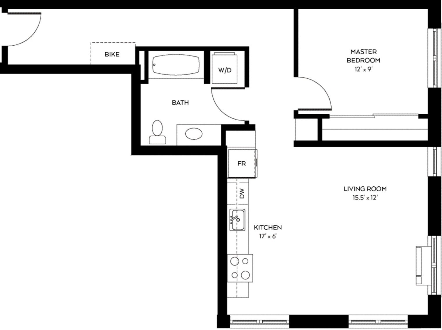 A floor plan of a small apartment with a living room, kitchen, bathroom, and two bedrooms.