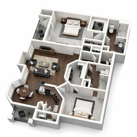 Contemporary 3D floor plan showcasing 2 elegant bedrooms, a chic open living room, a stylish dining area, and a modern kitchen, ideal for sophisticated urban living.