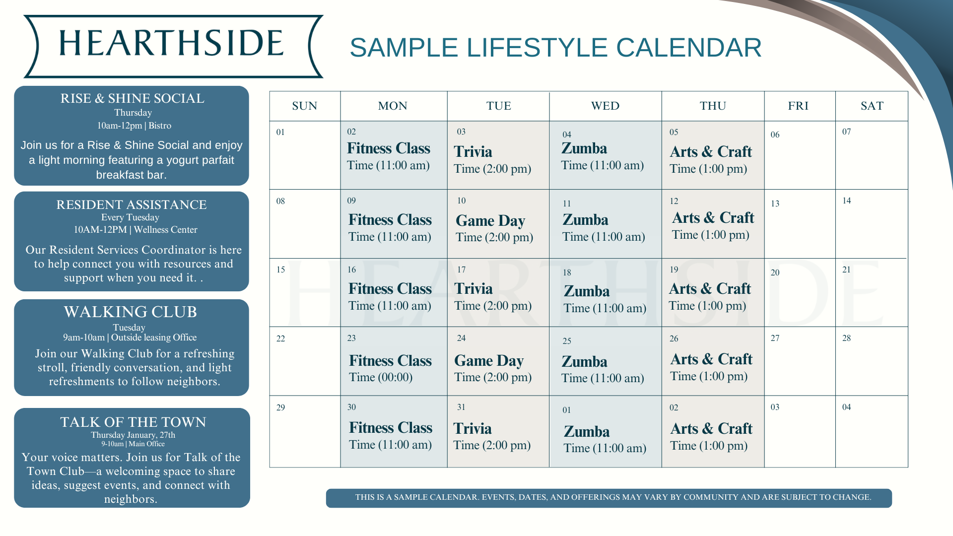 Heathside sample lifestyle calendar with blue sidebar and a weekly planning grid