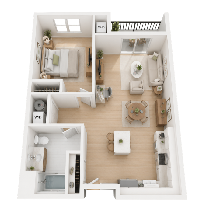 3D floor plan of a one-bedroom apartment Covered Bridge Newtown CT with a bedroom, bathroom, kitchen, dining area, living room, and balcony.