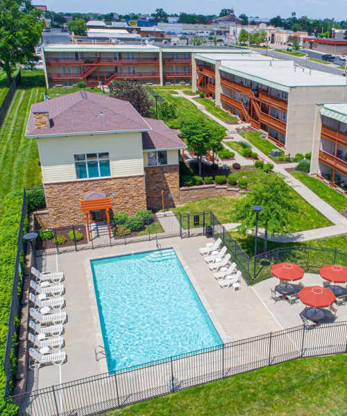 Aerial view of the community swimming pool at Tiger Village in Columbia, Missouri