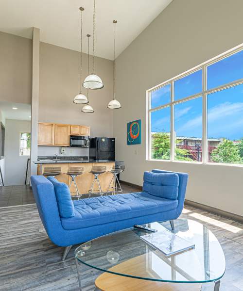 Community clubhouse with couch, coffee table, kitchen and wood-style flooring Tiger Village in Columbia, Missouri