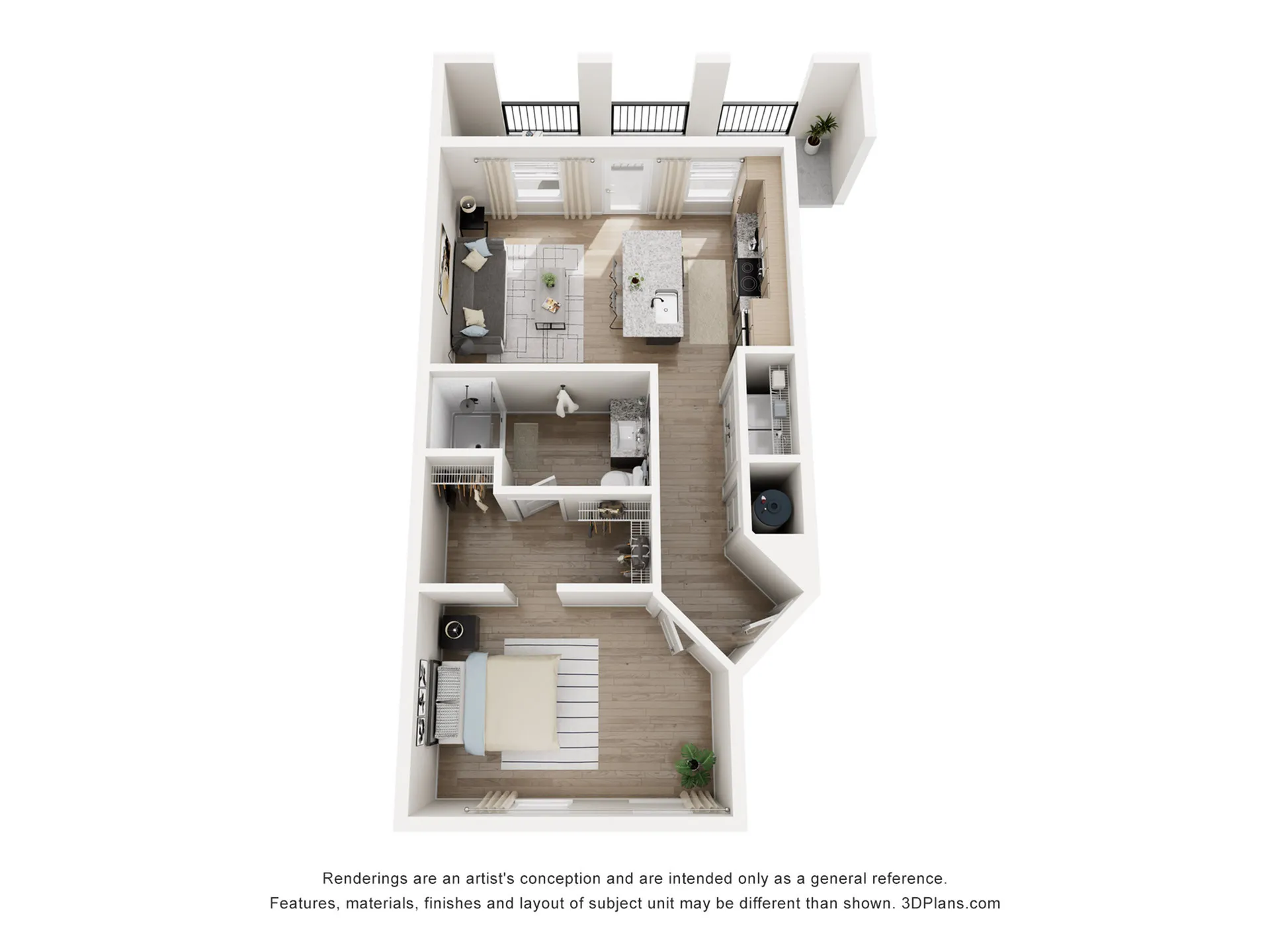 Modern 3D floor plan showcasing bright living room, sleek kitchen with island, cozy bedroom, and efficient closet spaces.