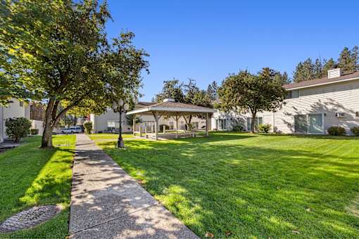 A sunny day in a residential area with a clear blue sky.