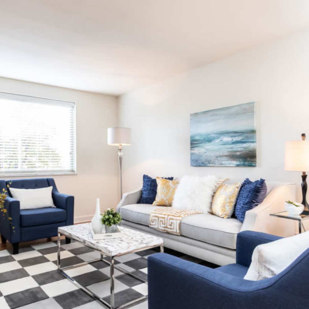 Bright living room at Park Clayton Apartments in Saint Louis,Missouri