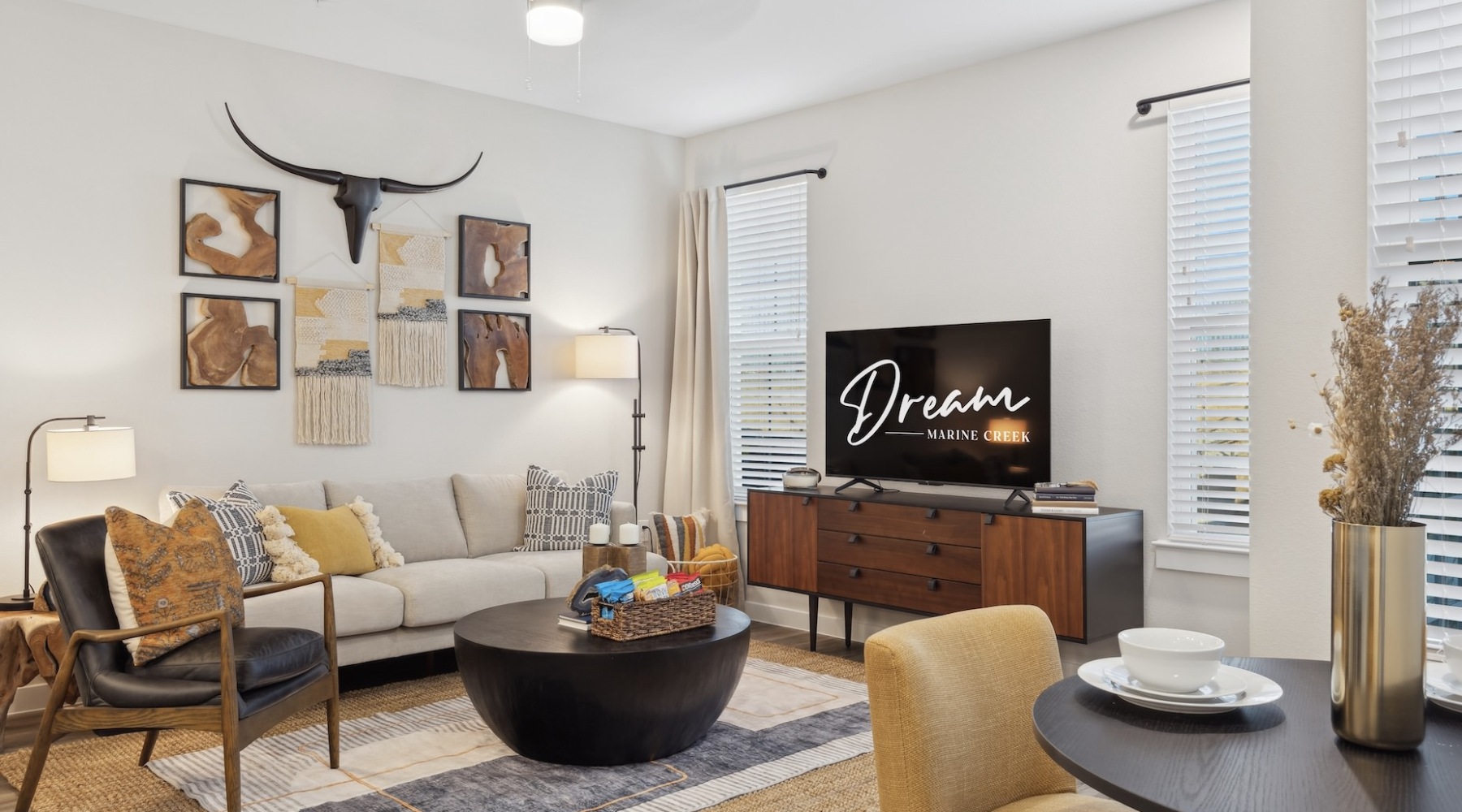 living room with rustic decor
