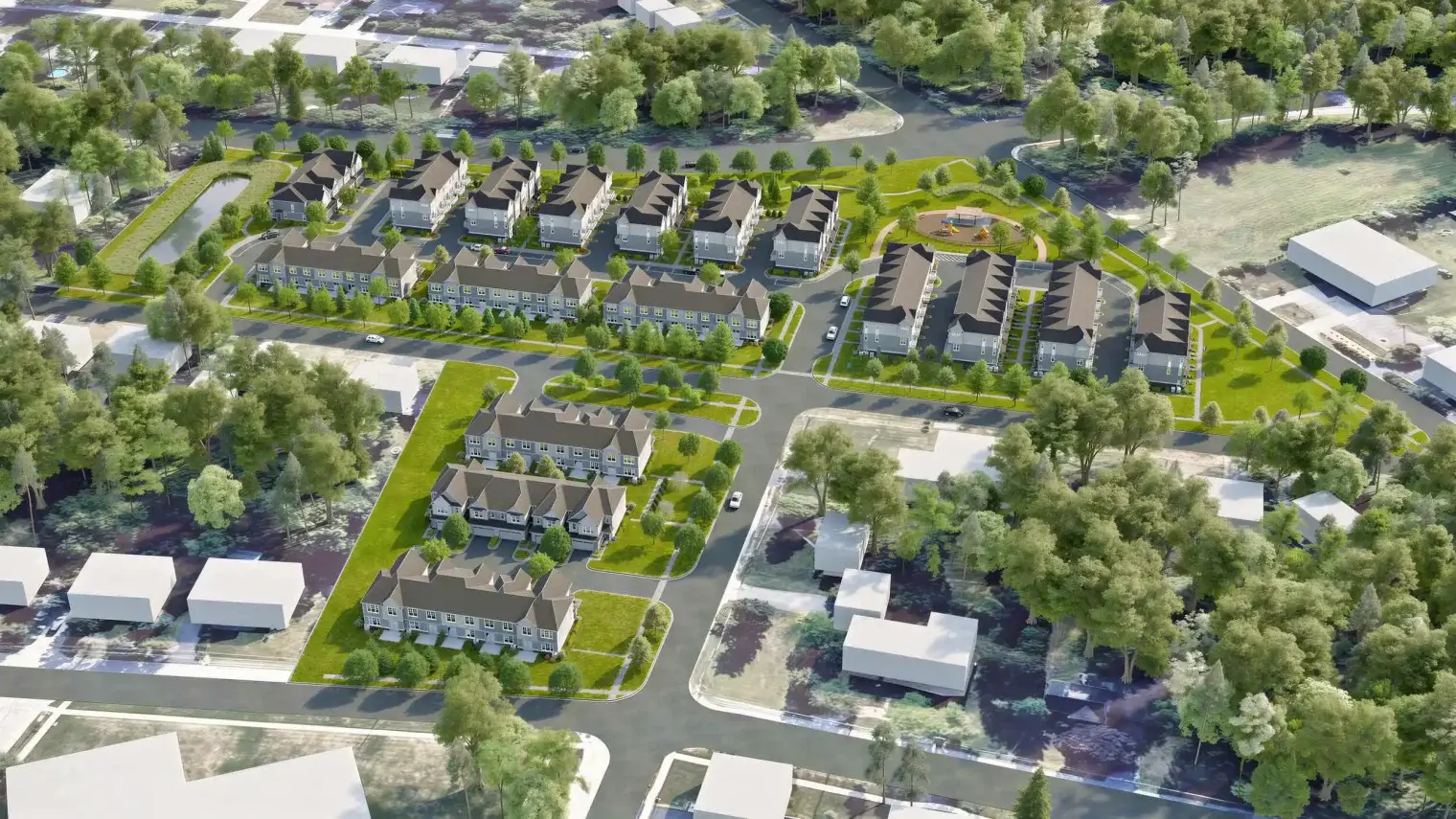 Aerial perspective of The Claire in Naperville, IL, illustrating the community's focus on nature, connection, and walkable open spaces.