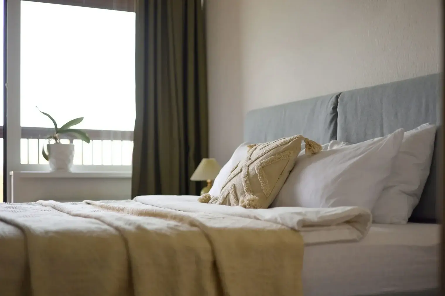 Modern, classy bedroom interior in a new build-to-rent townhome at The Claire, Naperville, IL.