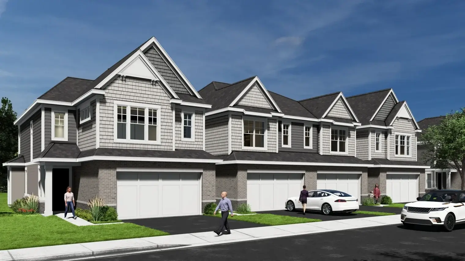 New luxury townhomes at The Claire in Naperville, IL, featuring attached 2-car garages and high-end modern architecture.