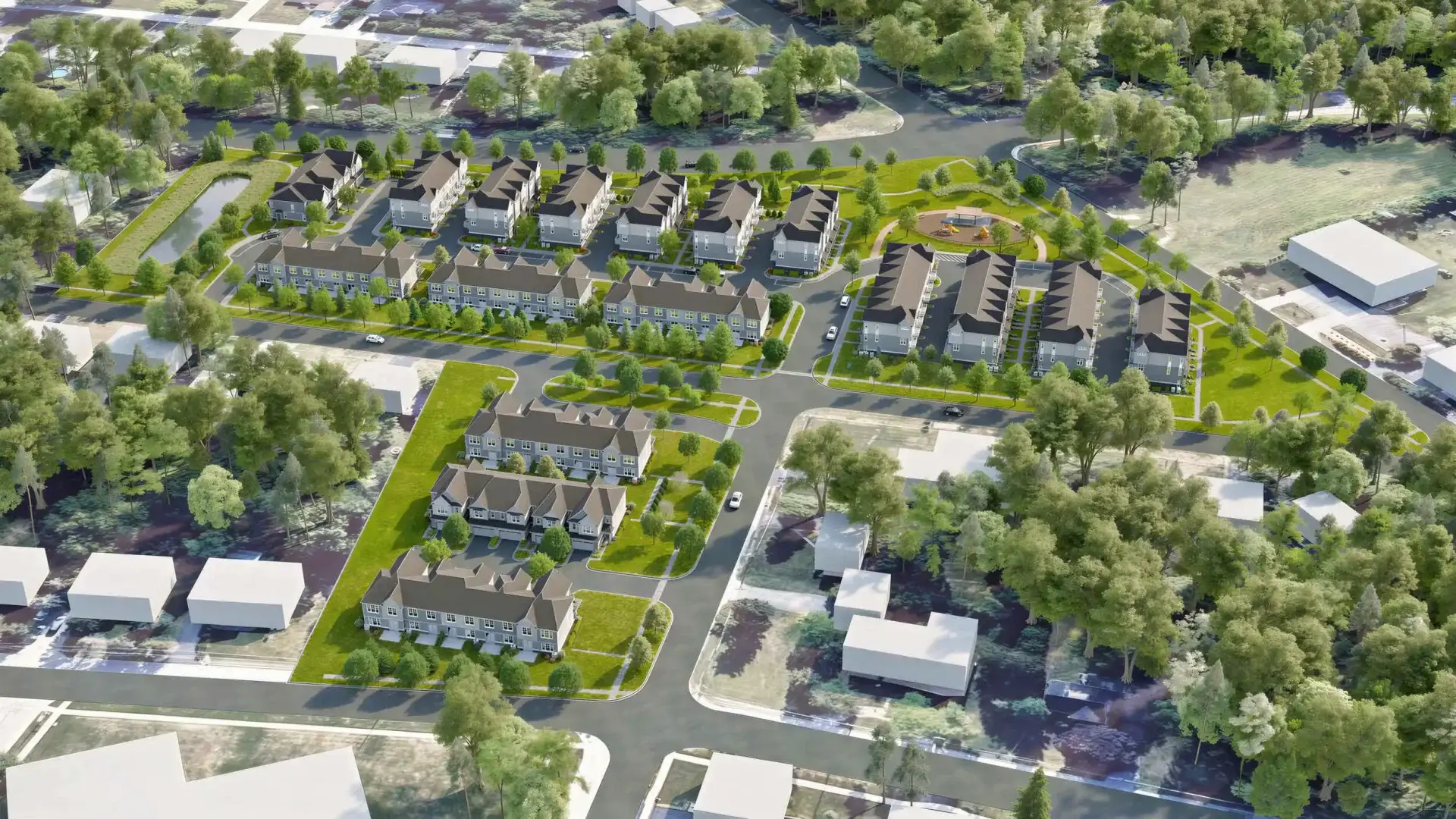 Aerial perspective of The Claire in Naperville, IL, illustrating the community's focus on nature, connection, and walkable open spaces.
