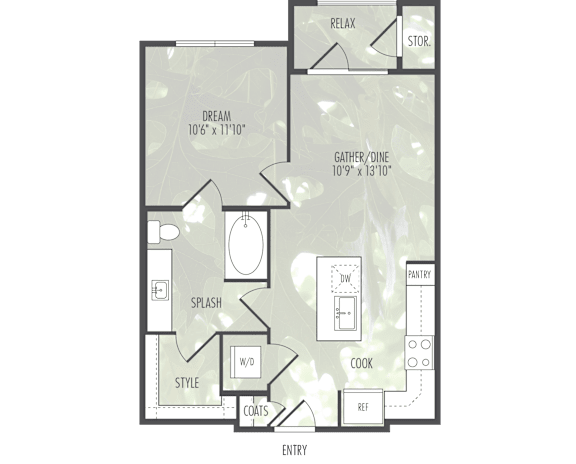 A floor plan of a house with a layout including a RELAX STORAGE, DREAM 106