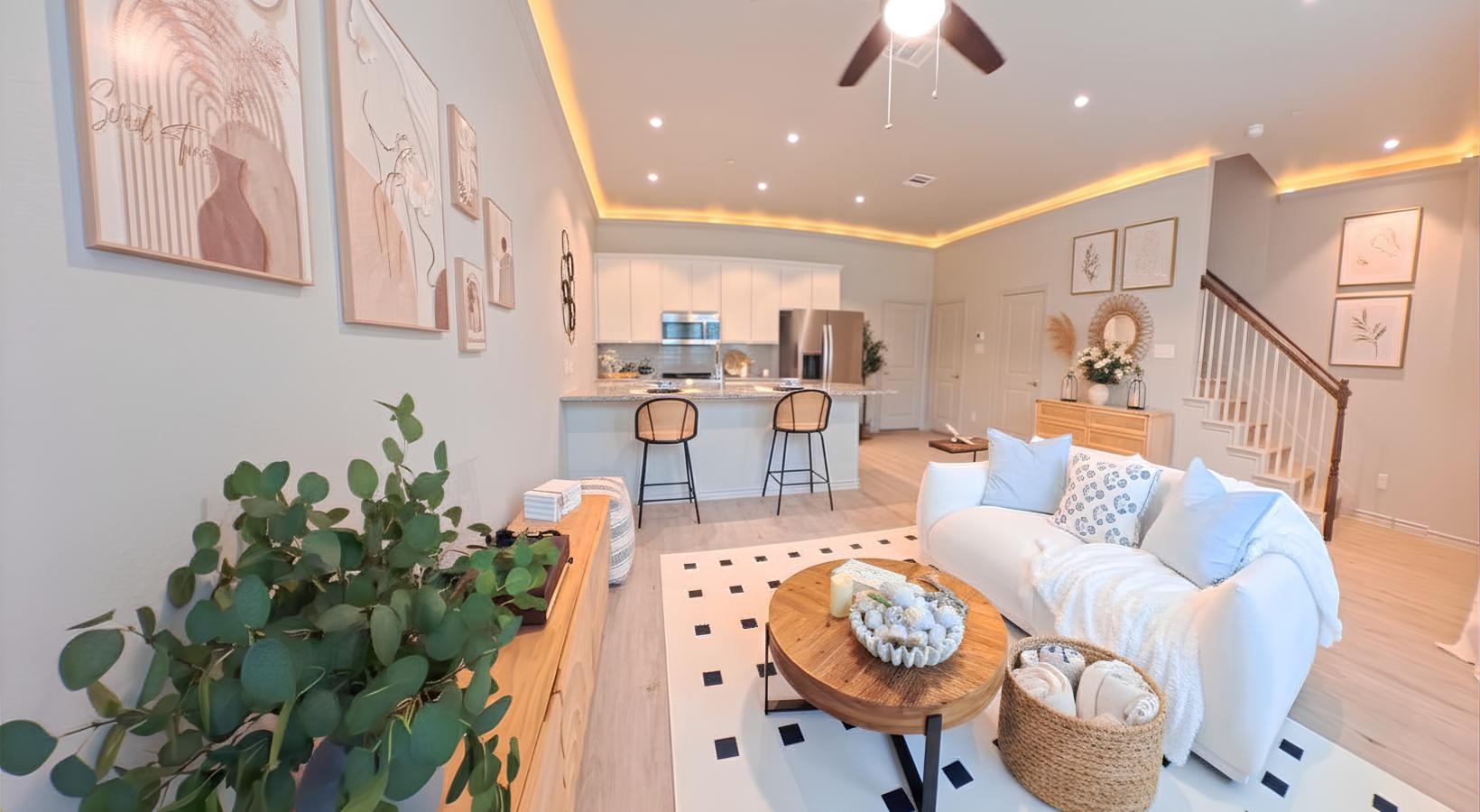 a living room with a couch and a table