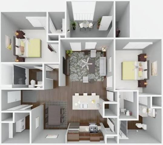 A 3D floor plan of a small apartment with a kitchen, living room, and bathroom.