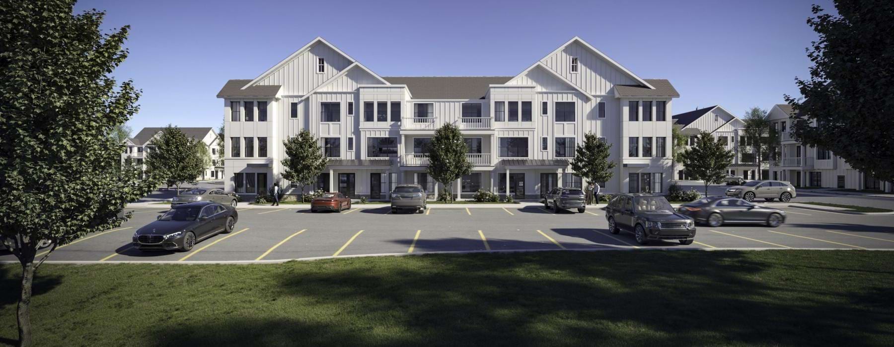 a building with cars parked in front