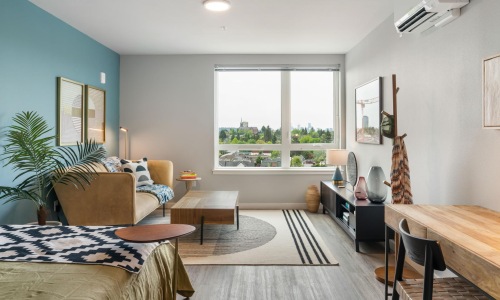 a living room with a large window