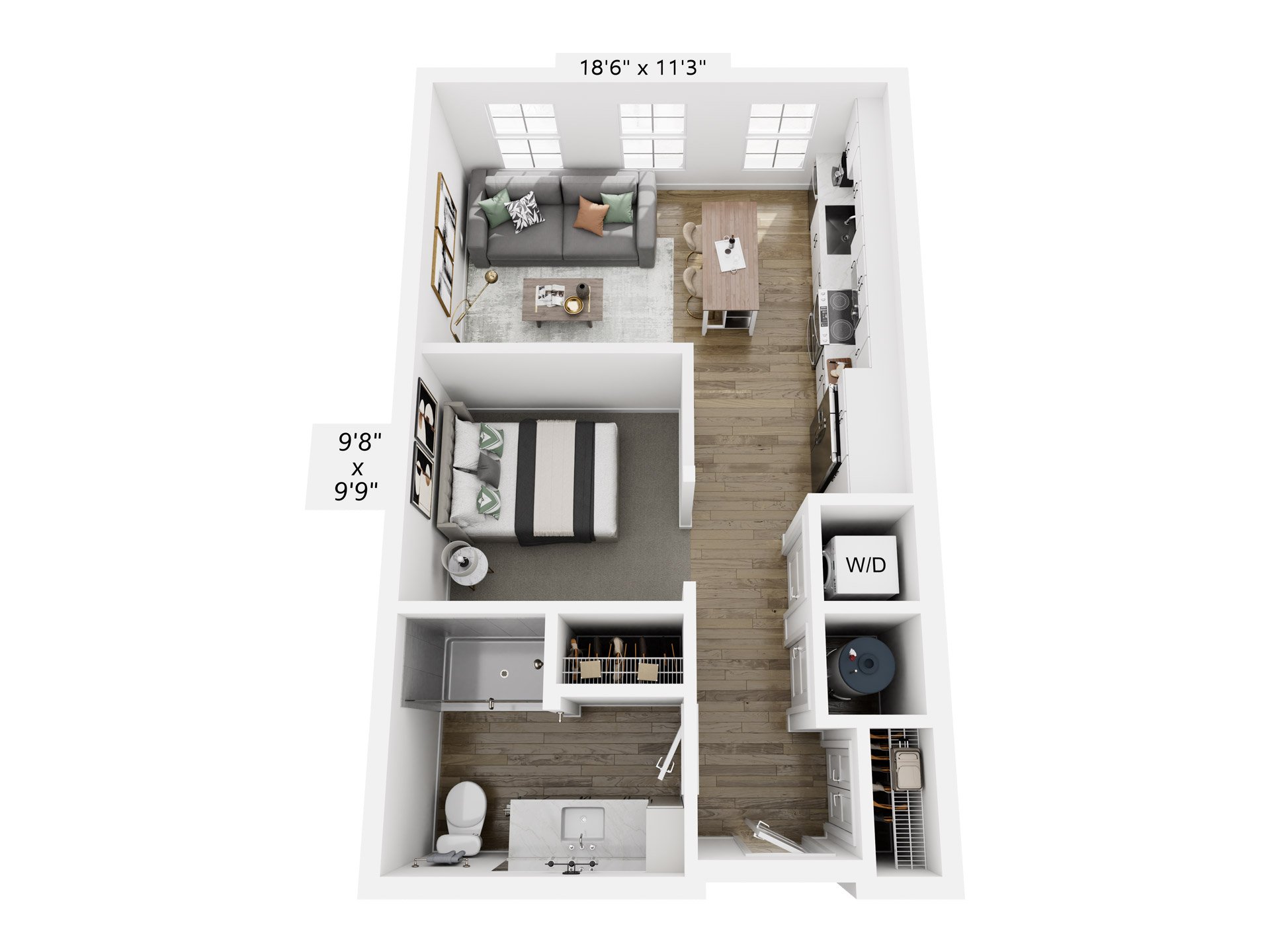 A 3D image of the S1 floorplan, a 555 squarefoot, 0 bed / 1 bath unit