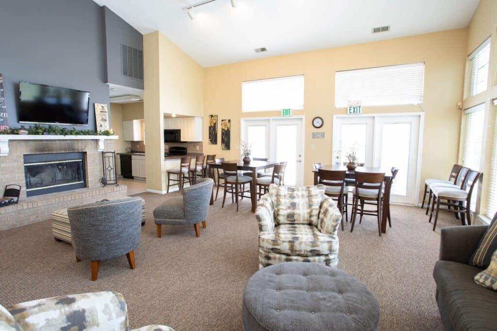 Community room and resident lounge at Lindberg Lofts apartments near Purdue University in West Lafayette