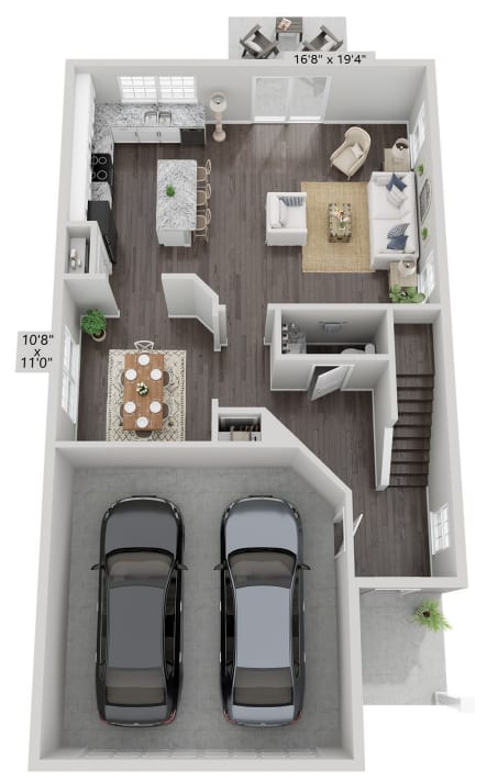 a floor plan of a two bedroom apartment with two cars in the garage