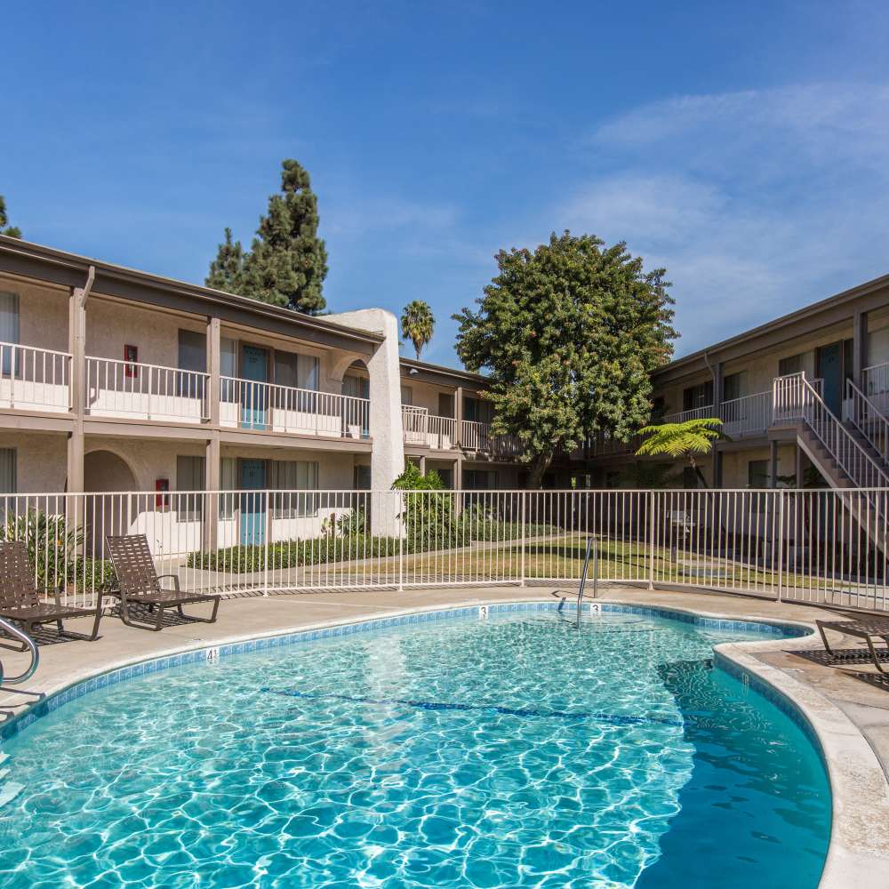 Resort-style swimming pool at Sandpointe in Huntington Beach, California
