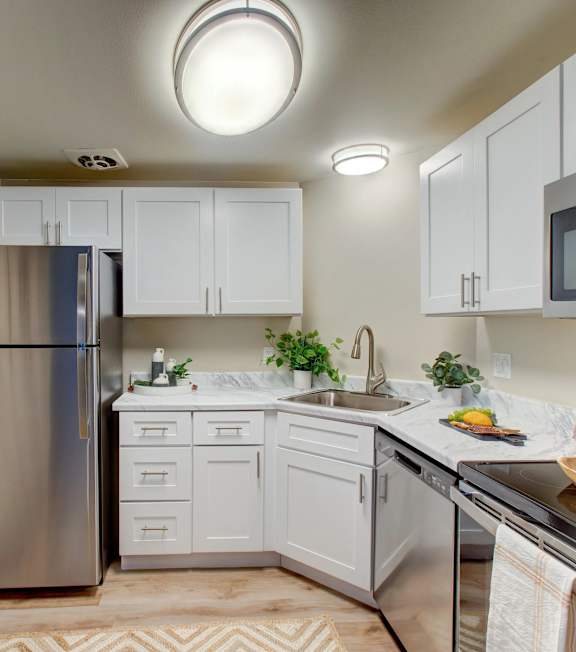 A kitchen with a stove, oven, and microwave.