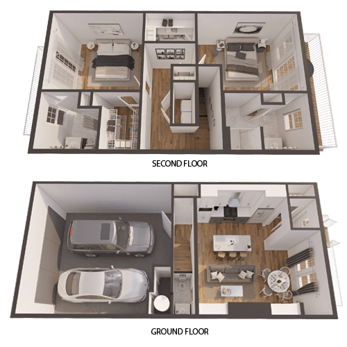 A floor plan image showing the layout of a house with two bedrooms, a living room, a kitchen, a bathroom, and a garage.