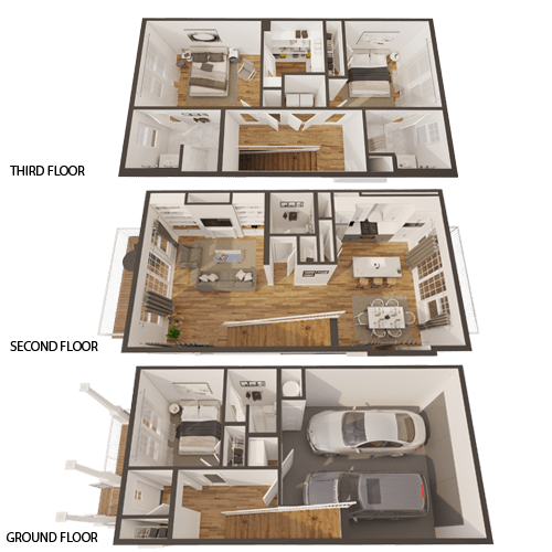 A set of three images showing a top-down view of a house's third floor, second floor, and ground floor layouts.