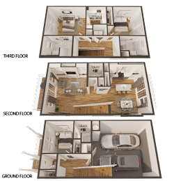 A set of three images showing a top-down view of a house's third floor, second floor, and ground floor layouts.
