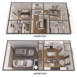 A floor plan image showing the layout of a house with two bedrooms, a living room, a kitchen, a bathroom, and a garage.