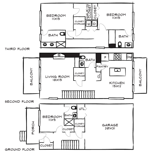 A floor plan of a house with three bedrooms, a living room, a kitchen, a bathroom, a garage, and a porch.
