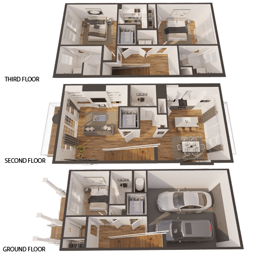 A diagram shows the layout of a house with three floors.