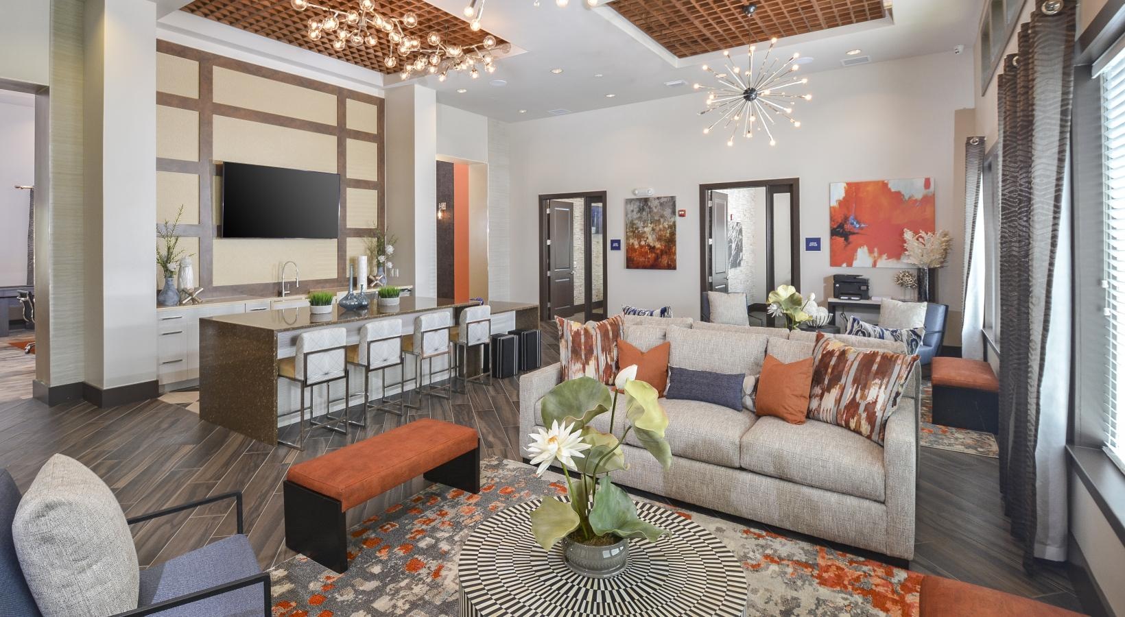 a living room with a couch and a table