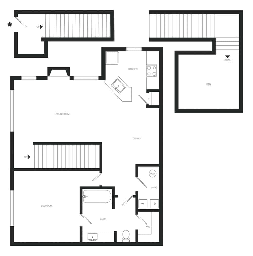 A 3D image of the A4 Renovated floorplan, a 1132 squarefoot, 1 bed / 1 bath unit