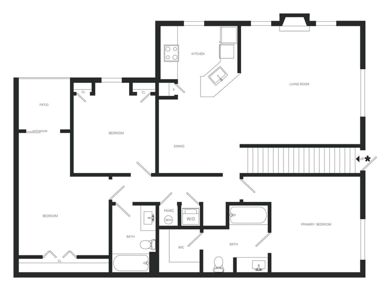 A 3D image of the C2 Renovated floorplan, a 1274 squarefoot, 3 bed / 2 bath unit