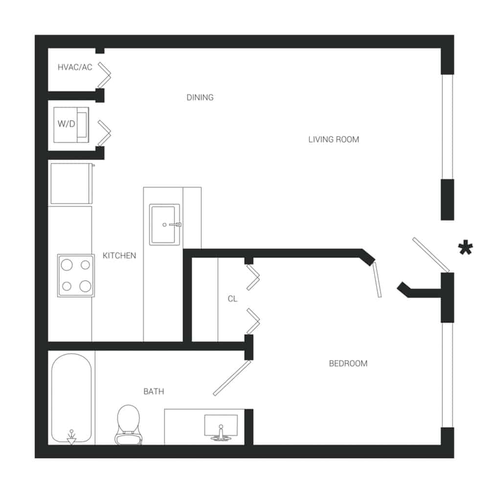 A 3D image of the A1 Renovated floorplan, a 531 squarefoot, 1 bed / 1 bath unit