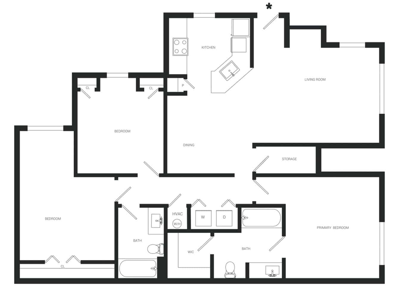A 3D image of the C1 Renovated floorplan, a 1216 squarefoot, 3 bed / 2 bath unit