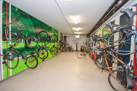 Bike shop with bicycles hanging on the wall at 1010 Dilworth Apartments, North Carolina, 28204