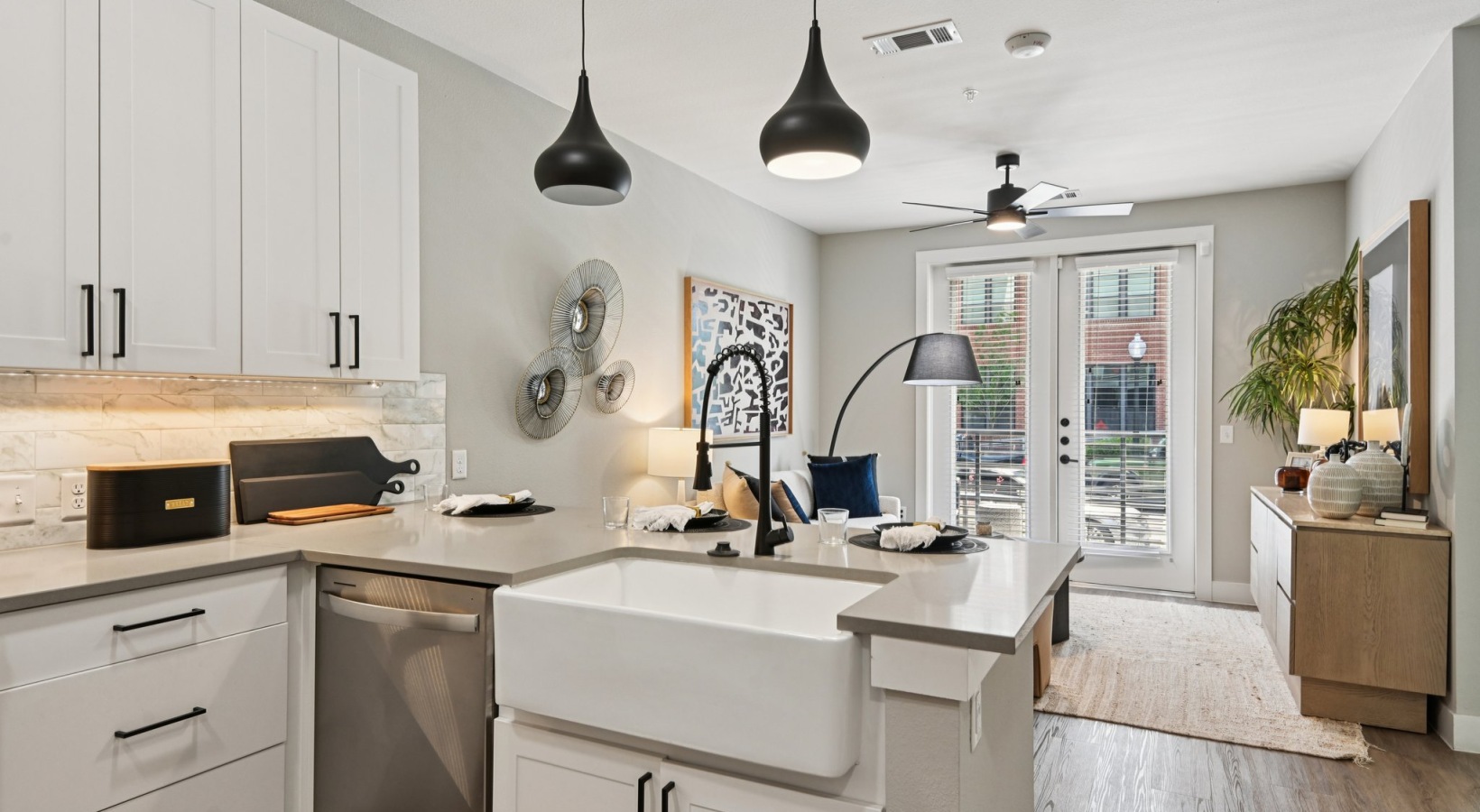 apartment kitchen with farmhouse sink