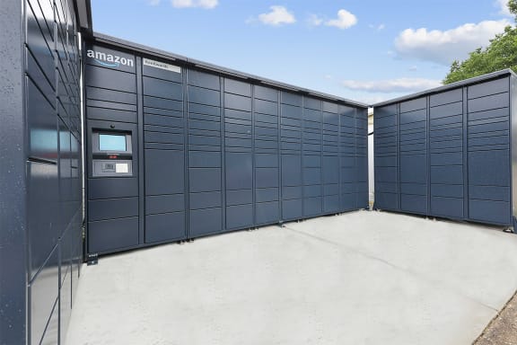 a row of Amazon lockers at Kenilworth at Perring Park Apartments, Parkville, MD 21234