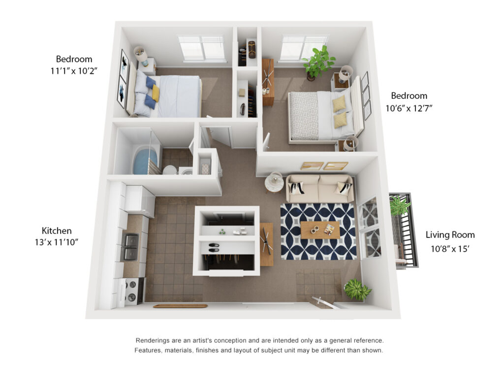Two bedroom floor plan at Courtland Ridge Apartments in St. Charles with private balcony