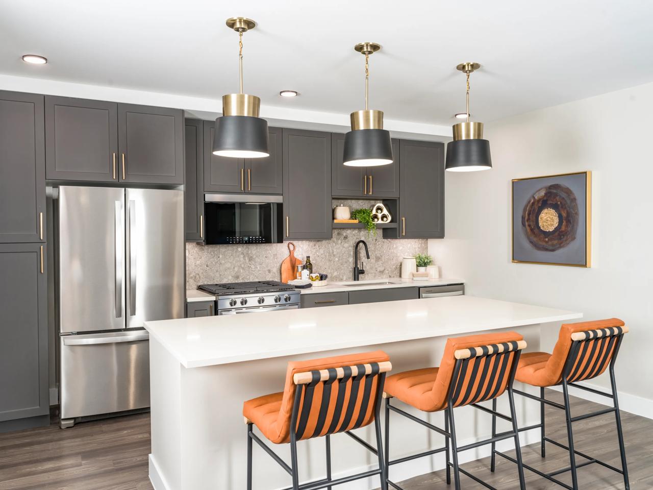 kitchen and dining area with high end finishes rendering modera reserve apartment homes for rent in scottsdale az