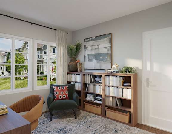 a living room with a bookshelf and a window