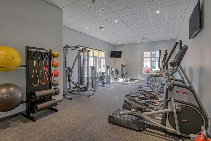Modern apartment gym with state-of-the-art exercise equipment, including treadmills, elliptical machines, and free weights, featuring natural light and a sleek design.