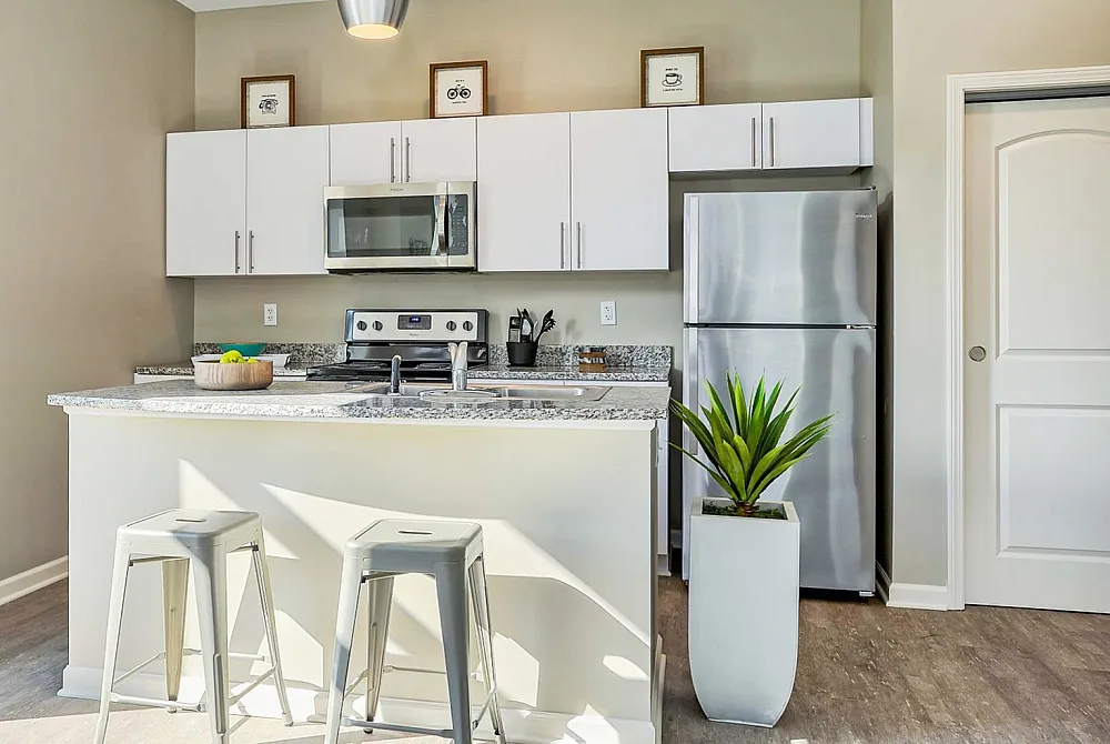 Contemporary kitchen with sleek appliances, granite countertops, and stylish bar seating in a bright apartment.